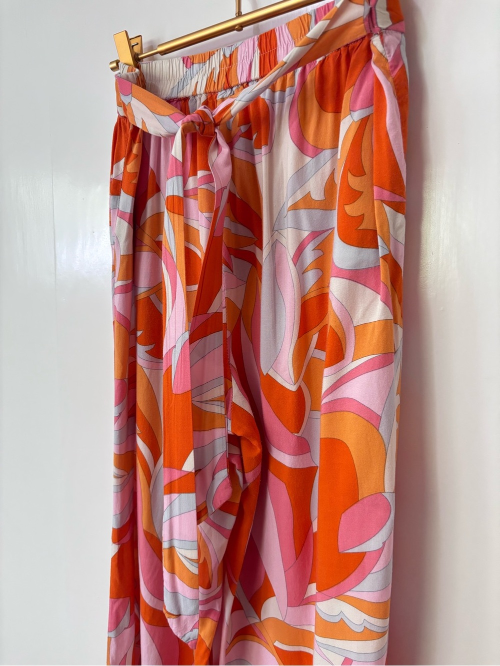 JL| Wide Leg Tie-Waist Lightweight Pants in Orange & Pink Retro 70s Print Sz M - Picture 6 of 8